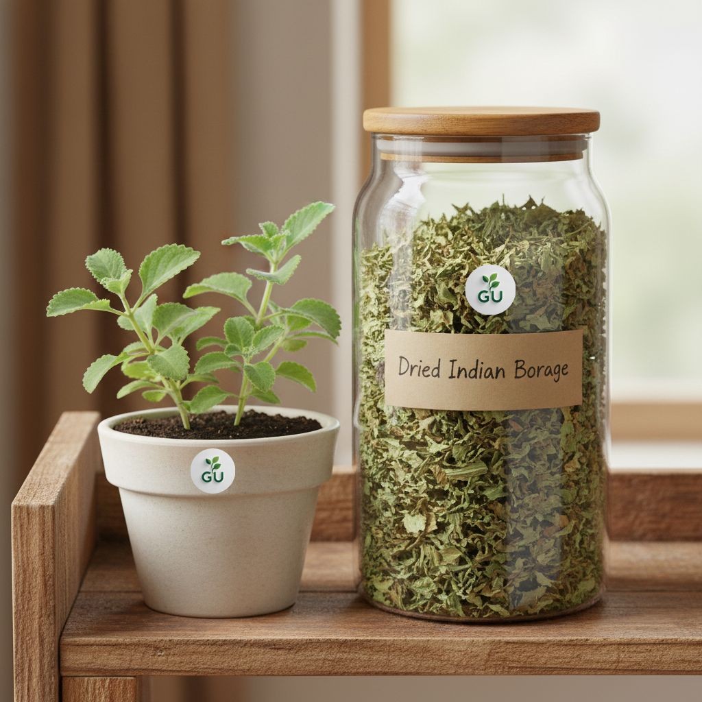 GU Dried Indian borage plants in a jar around growing Indian borage plants