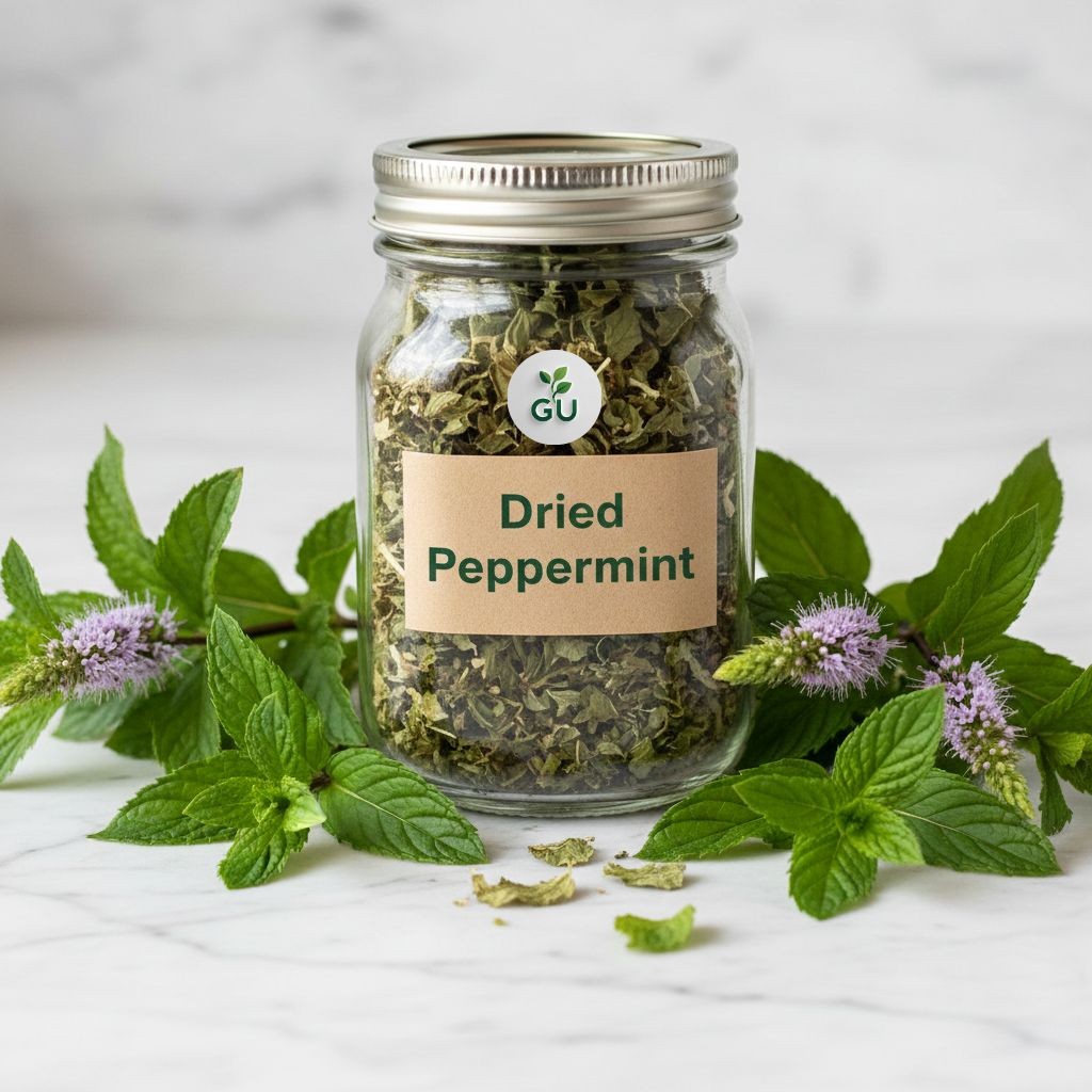 GU Dried peppermint leaves in a jar around peppermint plants