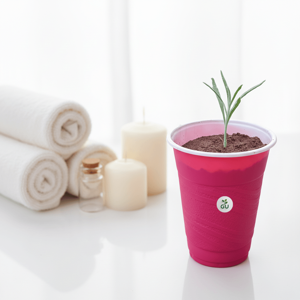 GU Lavender seedlings in a red cup with wrapped towels