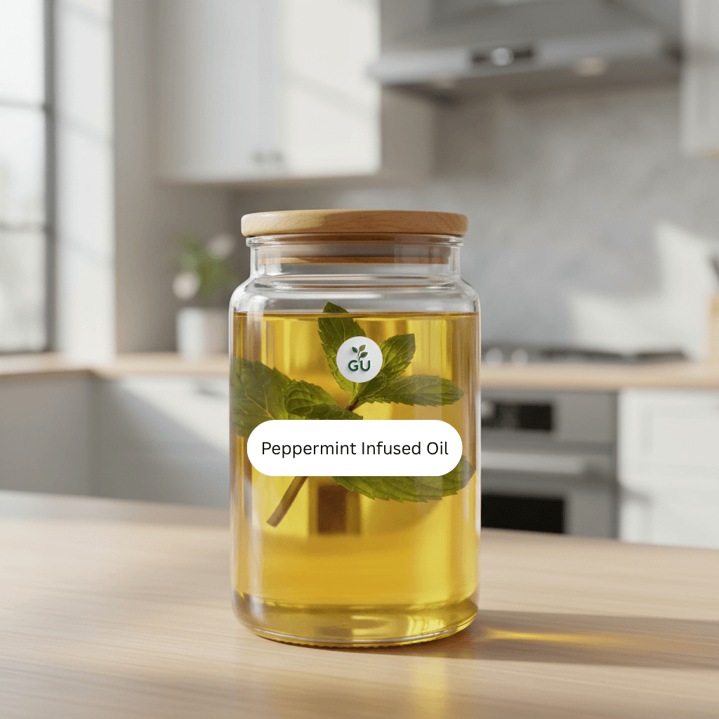 GU Peppermint infused oil on a kitchen cabinet
