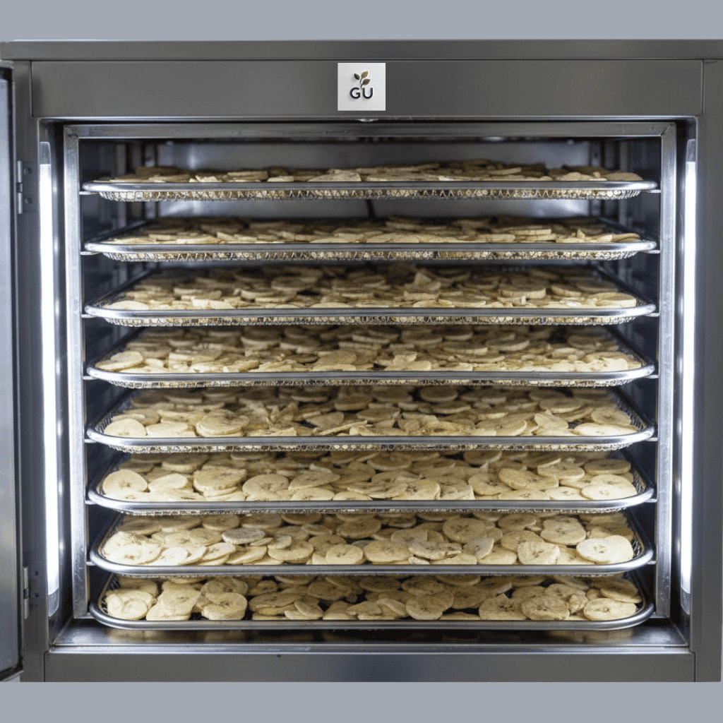 Fresh sliced plantains on dehydrator trays