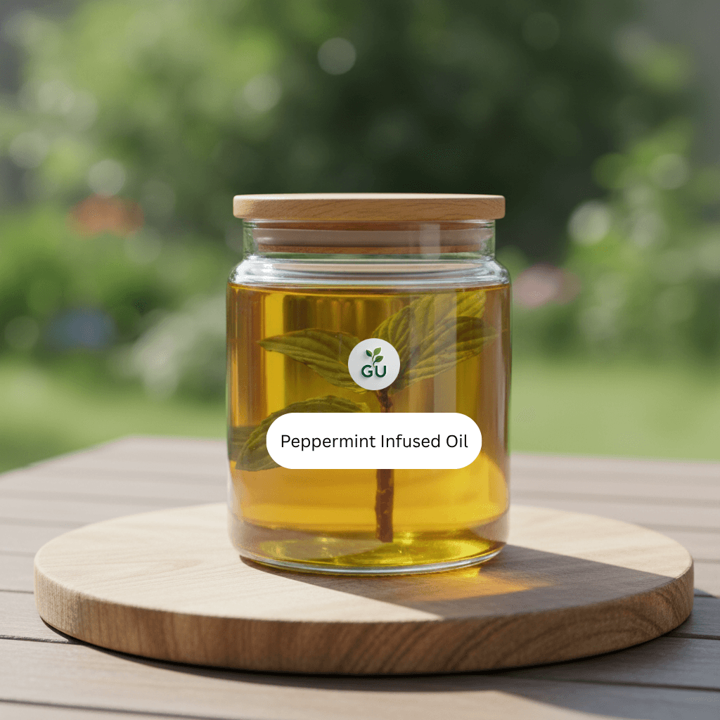 GU Peppermint infused oil in front of a field