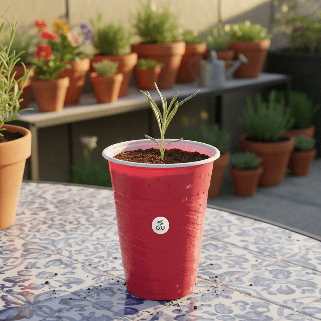 GU Lavender seedlings in a red cup with plants in a patio
