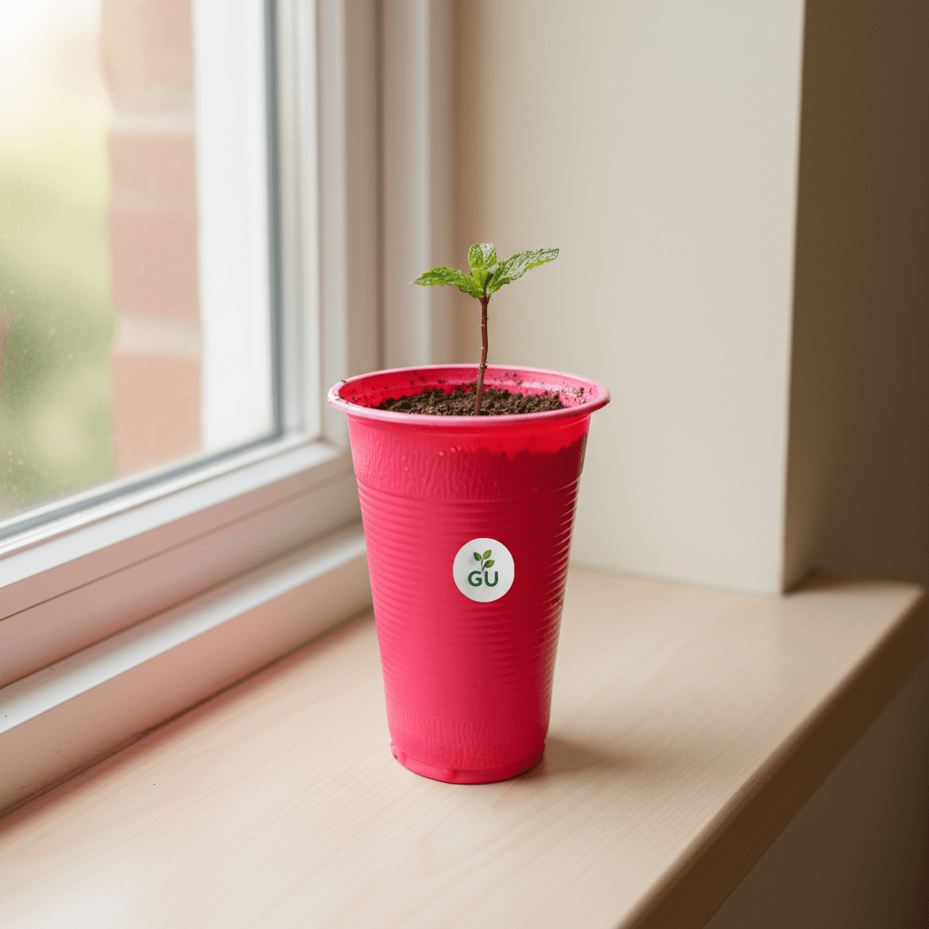 GU Mint Seedling in a Red Cup on Windowsill