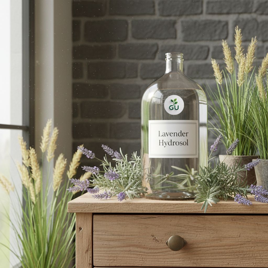 GU Lavender hydrolat with flowering lavender plants on a wooden drawer