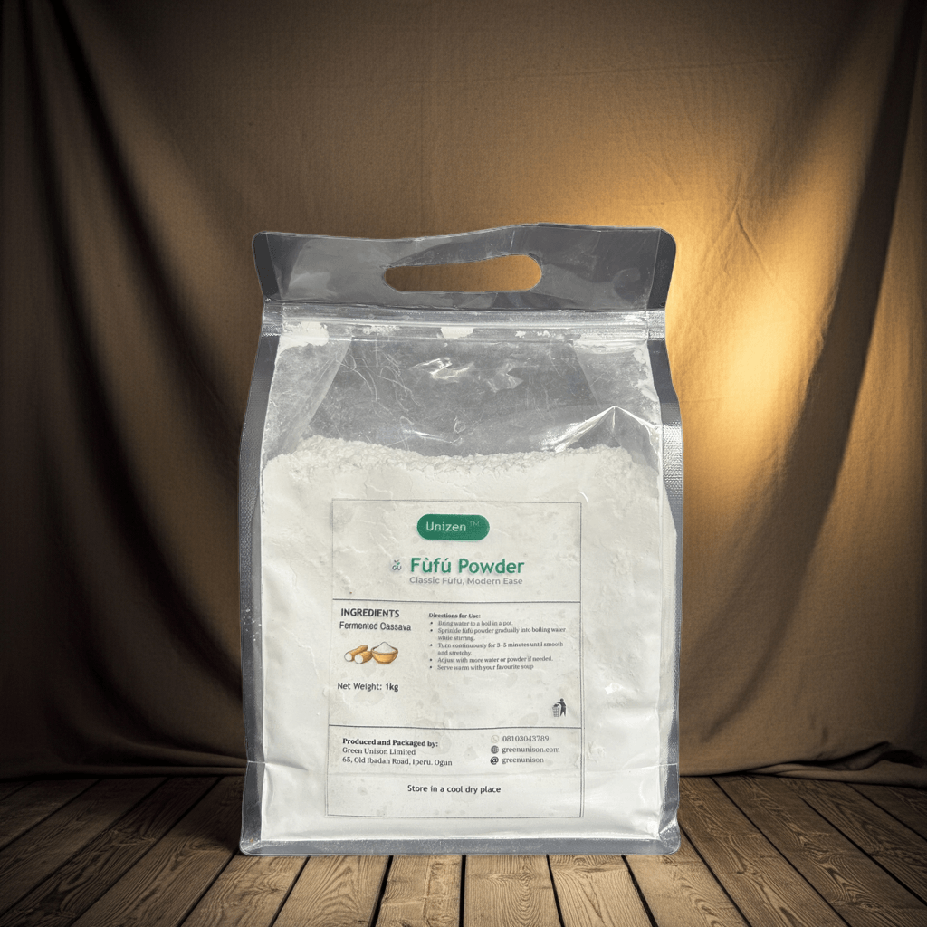 Fufu Powder on Rustic Wood with Lit Backdrop