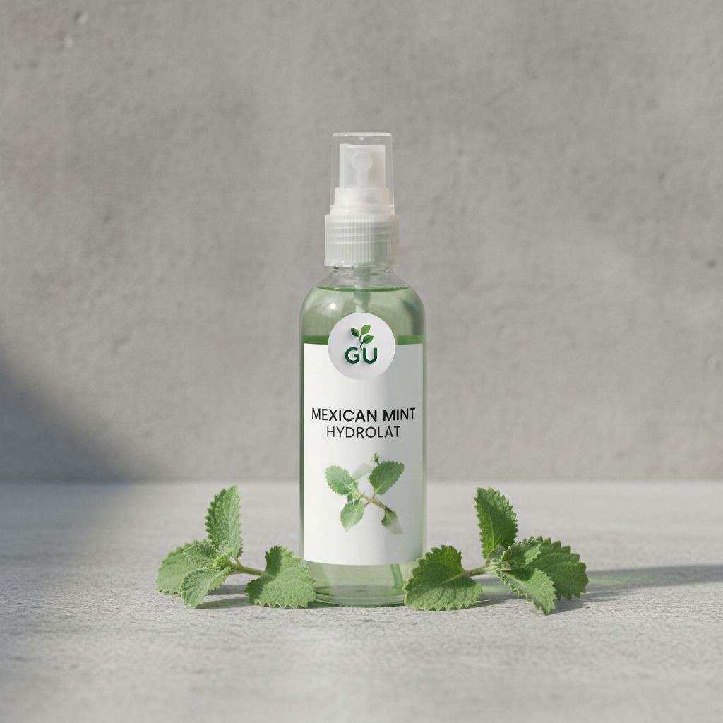 GU Mexican mint hydrolat on a concrete surface