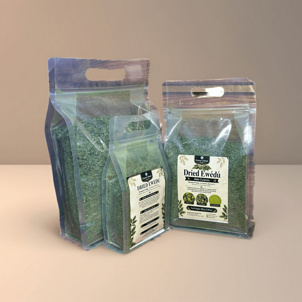 Green Unison dried ewedu jute leaves in resealable pouches