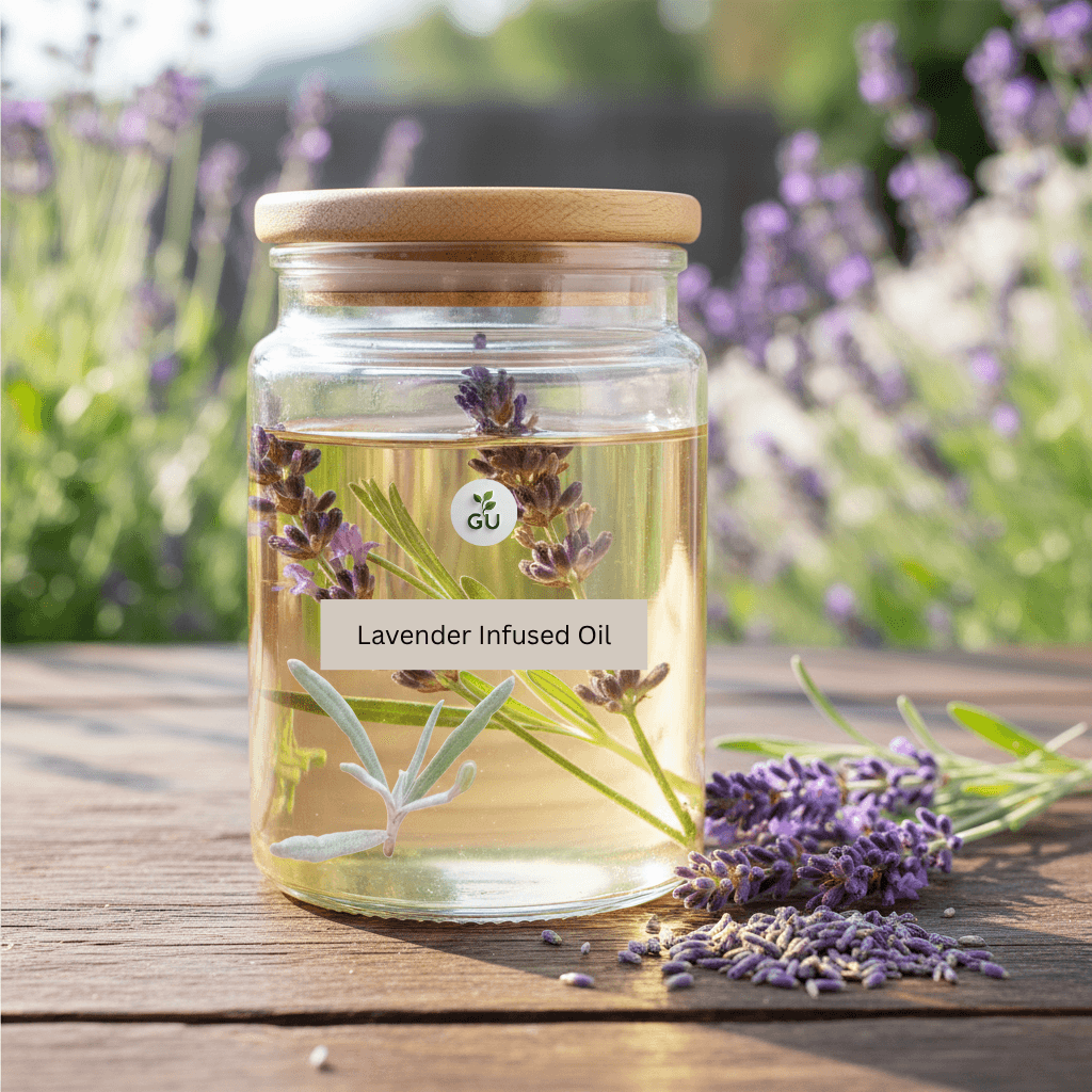GU Lavender infused oil in a jar in front of lavender plants