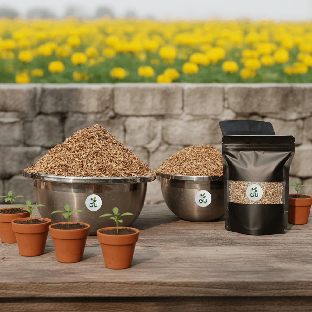 Natural marigold seeds in a bowl and a pouch