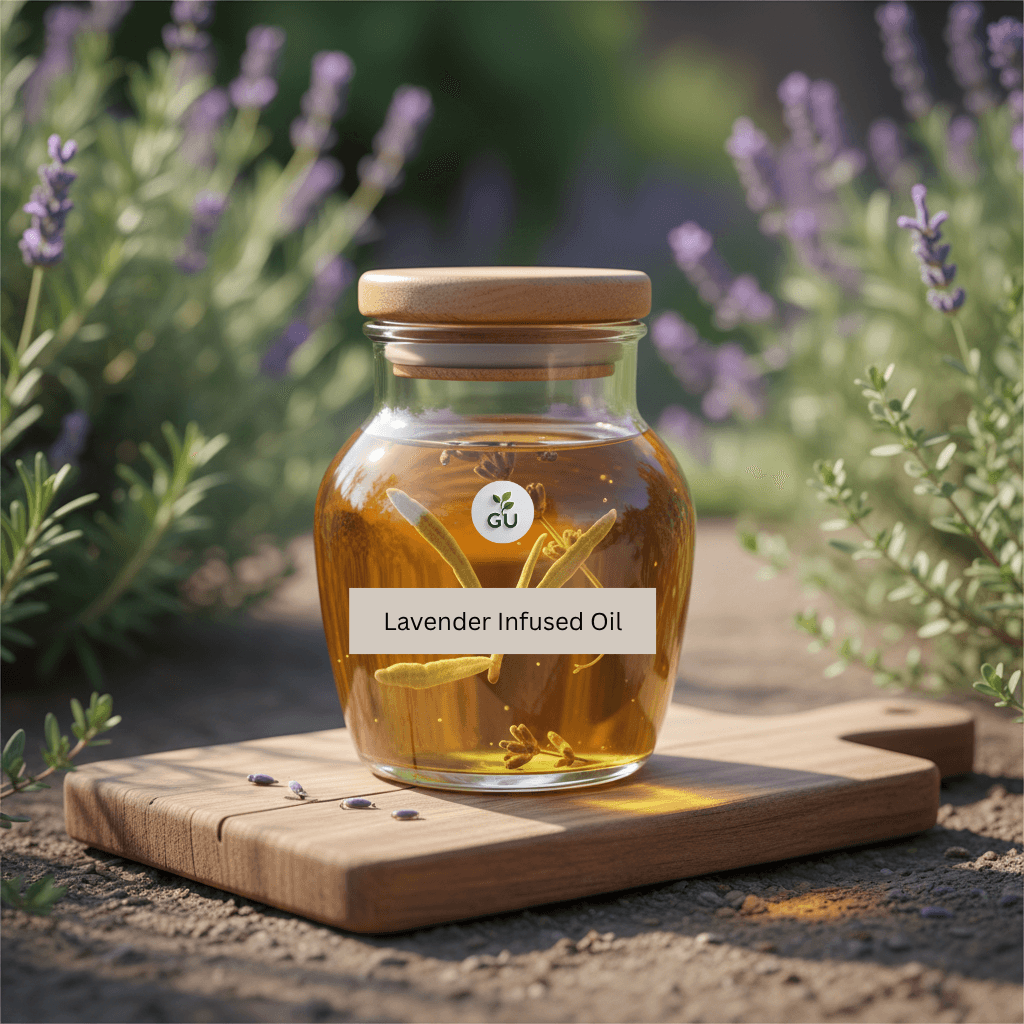 GU Lavender infused oil in a jar on a wooden surface