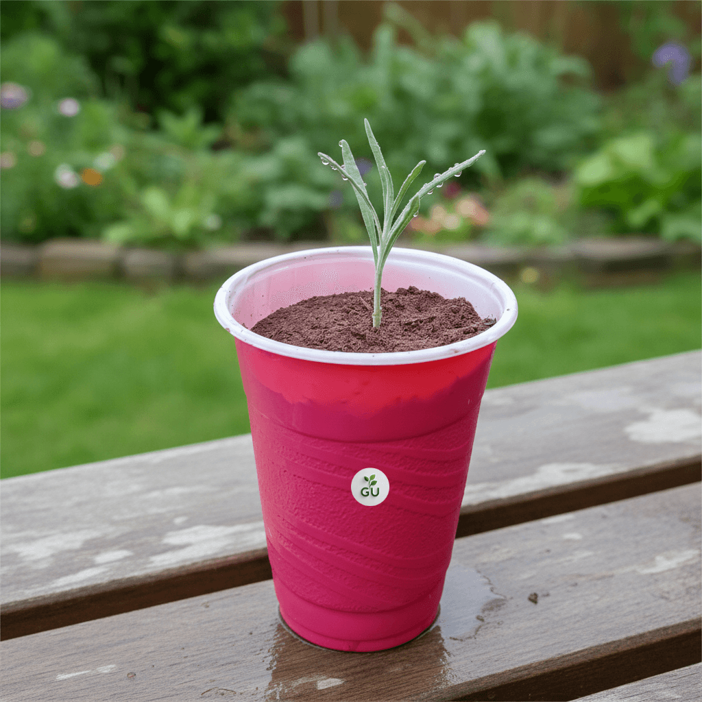 GU Lavender seedlings in a red cup in front of a garden