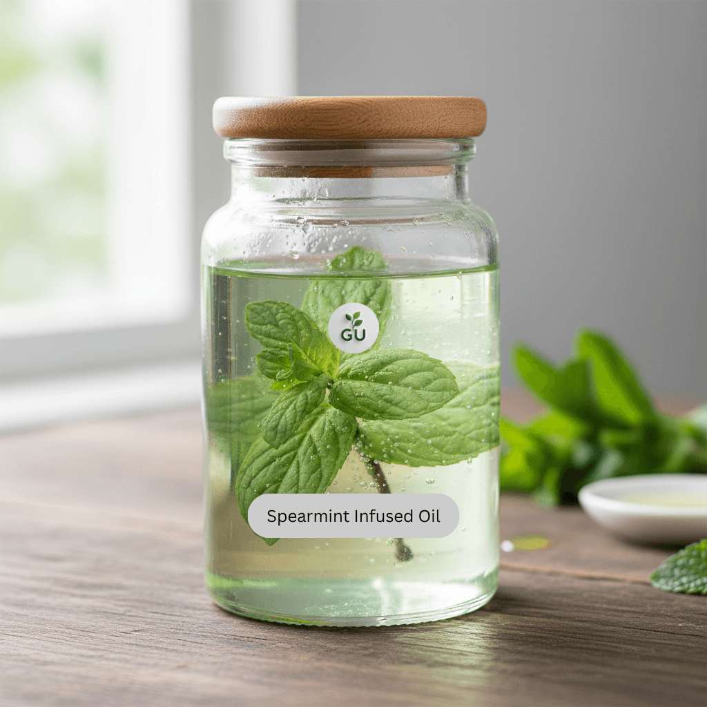 GU Spearmint infused oil in a jar on a wooden surface
