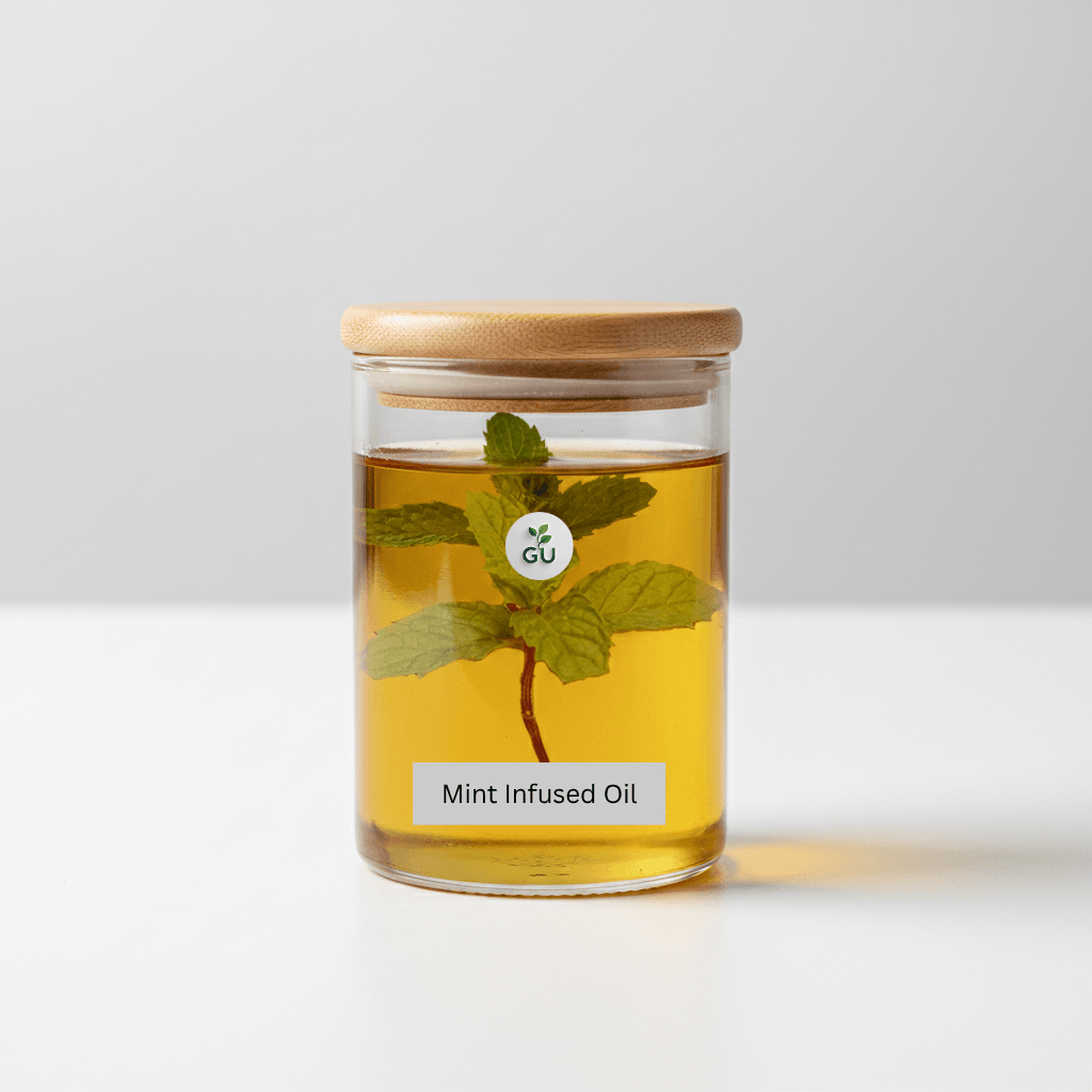 GU Mint infused oil in a jar with white background